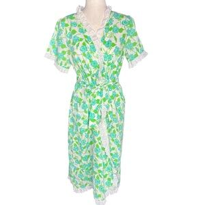 Lilly Pulitzer Vintage 60s/70s Robe Lace Green Floral Small Medium Tie